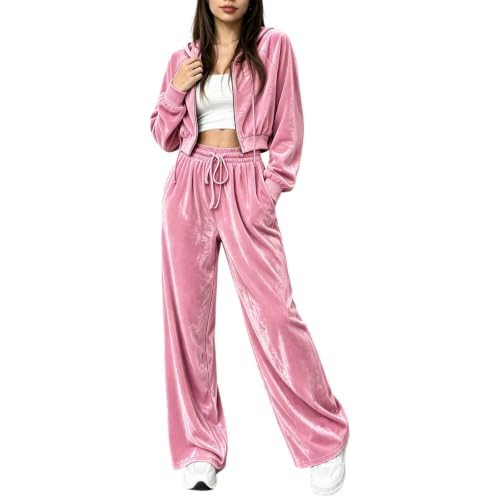 Velour Tracksuit Womens Y2K 2 Piece Jacket Wide Leg Pants Velvet Sweatsuit - image 8