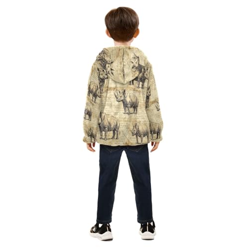 Retro Rhinoceros Pattern Toddler Fleece Jacket Girl Boys Hooded Fleece Jacket Coat Warm Outwear Zip-up 3-10T4