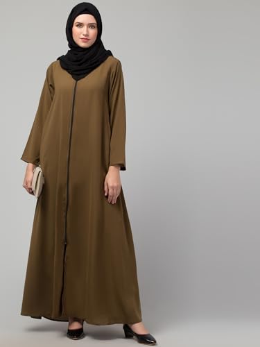 Image of Mallika Women Modest Wear Nida Matt Front Open Zipper Abaya Burkha for Everyday use (Light Brown, S)