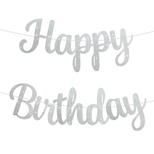 Xgvzs 1 striscione con scritta "Happy Birthday", striscione glitterato, per donne e ragazze, decorazioni per feste, per sfondi per feste (argento)