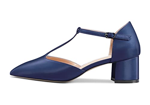 Aachcol Women Chunky Block Mid Low Heel Pumps Ankle Strap T-Strap Pointed Toe Dress Shoes Party Wedding Satin 2 Inch2
