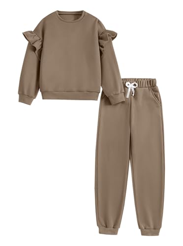 Image of Hilinker Girls 2 Piece Outfits Cute Ruffled Long Sleeve Top and Sweatpants Workout Clothing Set Brown 9-10 Year
