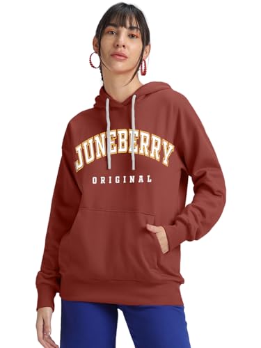 Image of JUNEBERRY Fleece Oversized Baggy Fit Hooded Sweatshirt Drop Shoulder Typographic Logo Printed Full Sleeve Hoodie for Women (Availabe Colors: Copper Tan, Rust & Red)