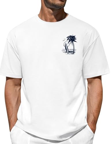 Lonya Mens T-Shirts Casual Cotton Coconut Tree Surf Beach Sunset Graphic T Shirt for Man Loose Fit Fashion Short Sleeve Crew Neck Vintage Printed Summer Tee Tops, H-White, XXL