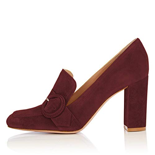 YDN Women Chunky High Heels Square Toe Loafers Shoes Slip On Suede Office Pumps Buckle Size 4-15 US2