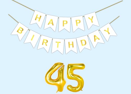 Image of 45th Happy Birthday Decoration Kit White for 45 year Old Boys Girls Men Women with Number Forty-five Party Decorations Decor Celebration Items Item Set Combo Reusable Paper Banner