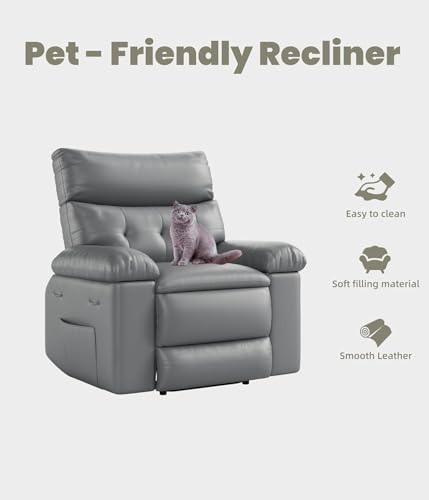 Image of Regular Manual Recliner Chair for Adults, PU Leather Comfy Reclining Chair with Overstuffed Arms & Back, Side Pocket, Modern Single Sofa for Living Room Bedroom,Gray