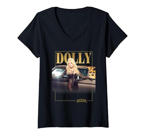 Women's Dolly Parton Rockstar Gold V-Neck T-Shirt, Black, Large