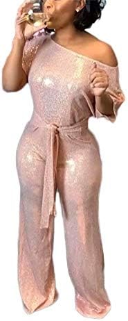 LKOUS Women's Evening Sparkly Jumpsuits Off Shoulder Short Sleeve Party Sequins Rompers High Waisted Wide Leg Pants Suit Pink