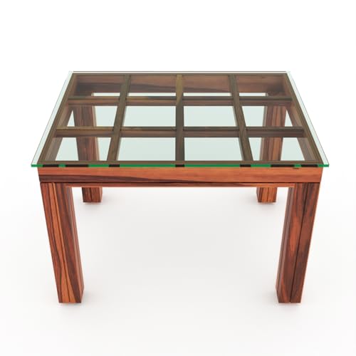 Image of Solid Sheesham Wood Dining Glass Top Table Set of 4| Wooden 4 Seater Dining Table with 4 Chairs with Cushion|Wood Dining Table & Chairs for Home, Restaurant, Dining Room |Honey Finish