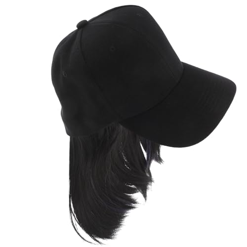 SEWACC Gorra de Béisbol para Mujer con Peluca Integrada Diseño Bob con Orejas Colgantes Color Negro con Mechas Gris Humo Azul Tamaño Ajustable Sombrero Divertido para Uso Diario y