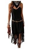 Verdusa Women's Western Fringe Dress Vintage Deep V Neck Maxi Cowgirl Dresses Black Medium