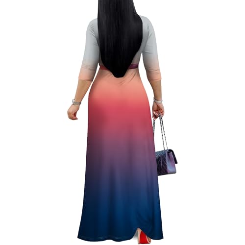 Image of PinkPatty Women's Plus Size Maxi Dresses Casual Flowy 3 /4 Sleeves Dress Printed Vacation Dress for Daily Wear with Belt