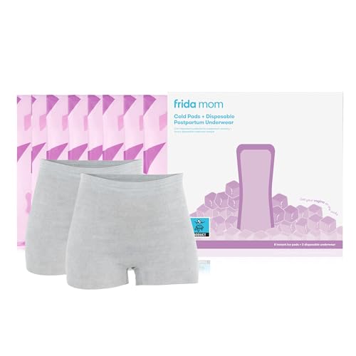 Frida Mom 2-in-1 Postpartum Pads + Disposable Knickers Soothing Instant Cold Therapy Pack and Absorbent Maternity Pad in One + Ultra-Soft and Stretchy Boyshort Cut Size Regular 8 Pads + 2 Knickers