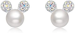 Ailin & Co. Lucky Mickey Mouse Pearl Earrings 925 Sterling Silver Stud Earrings for women girls, made with Swarovski Crystal and Pearl