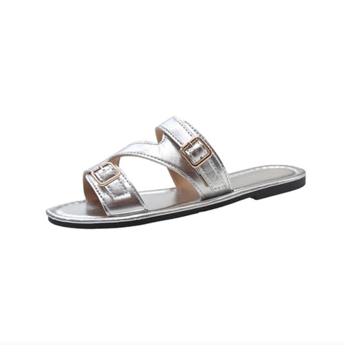 HBJWOV Flat Bottomed Belt Buckle Sandals for Women S Shoes Soft Soled Beach Sandals for Outdoor Wear
