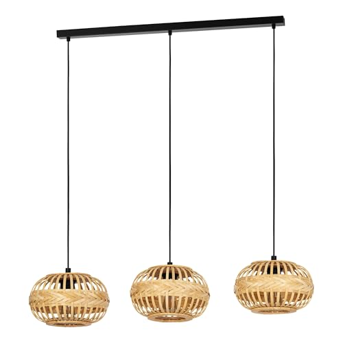 Eglo Suspension luminaire Amsfield 1, lustre à 3 lampes pour salon et salle à manger, lampe de plafond suspendue en métal noir et bambou brun, douille E27,...