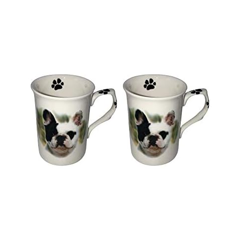New - Set of 2 Bone China Black & White French Bulldog Mugs - Presentation Boxed Cover