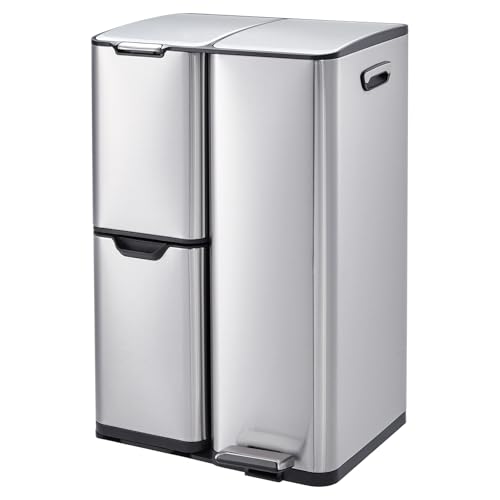 Garvee 3in1 Trash Can, 16 Gal Triple Compartment Garbage Cans for Kitchen, Stainless Steel Trash and Recycle Bin Combo with Lid, Plastic Inner Buckets, Foot Pedals for Office Home, Silver