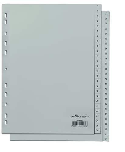 Durable Zahlenregister (A4, geprägte Taben 1-52, PP volldeckend) 1 Stück, grau, 650410