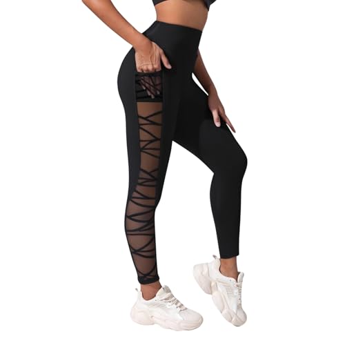 Pantalones de yoga para mujer de cintura alta y riñonera, Negro , L