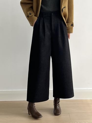 chouyatou Women's Fall Winter Wool Culottes Cropped Pants Elastic High Waisted Loose Wide Leg Palazzo4