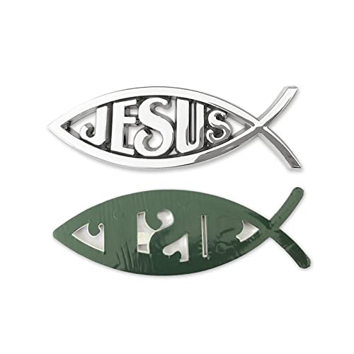 Image of Christian Jesus Fish Car Emblem - Chrome Silver Symbol Fish Emblem for Car Truck Badge Bumper Stickers