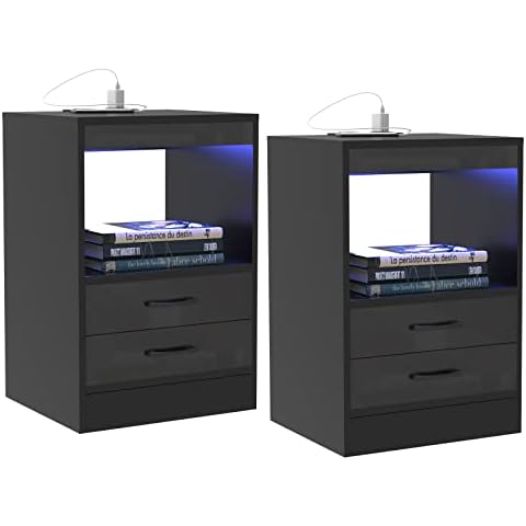 PIPIPOXER 2xNachttisch mit LED Beleuchtung, Beistelltisch in Schwarz mit Steckdose und Anschlüsse, Nachttische aus Holz mit 2 Schubladen Nachschrank für Wohnzimmer,Schlafzimmer Bett 40x35x60cm Schwarz Cover