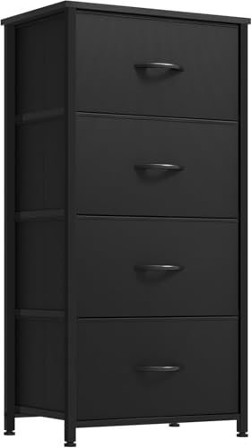 DWVO Storage Tower with 4 Drawers - Black Fabric Dresser, Organizer Unit for Room, Living Room, Closets - Sturdy Steel Frame, Easy Pull Fabric Bins & Wooden Top