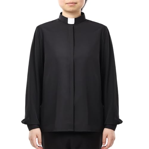 BPURB Damen Klerus Priesterhemd Bluse mit Tab Kollar Kragen Pfarrer Langarm Baumwollmischung Regular...