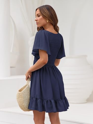 Image of LILLUSORY Women's Flowy Casual Mini Dresses 2026 Summer Graduation Smocked V Neck Vacation Dress Dress with Pockets