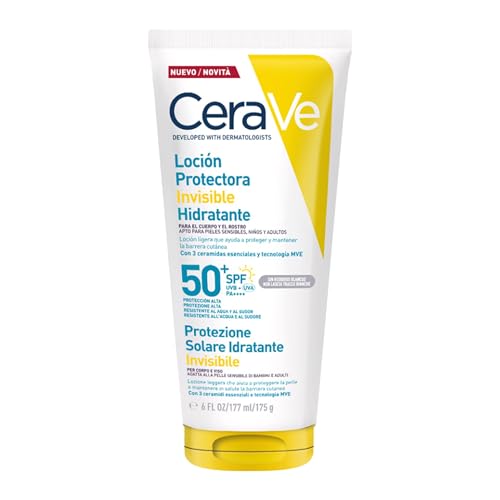 CeraVe Loción Protectora Invisible Hidratante SPF 50+, con 3 ceramidas esenciales, apta para cuerpo, rostro y todo tipo de pieles 177 ml