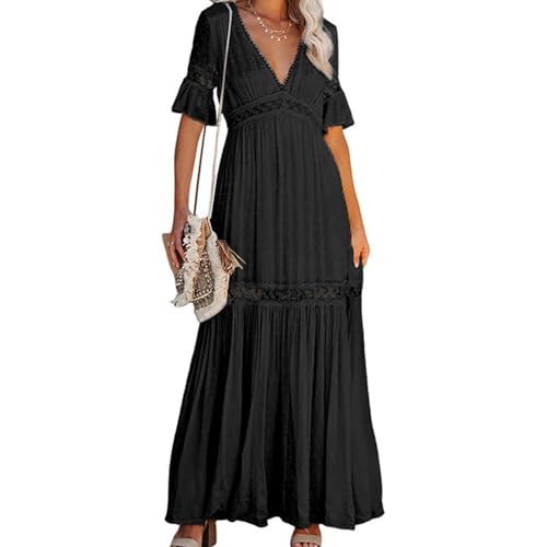 Robe d'été pour vos soirées chic en dentelle noire col V
