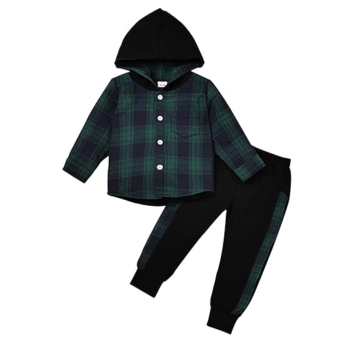 Image of FOCUTEBB Toddler Baby Boys Clothes Plaid Shirt Tops Hoodied Long Sleeve Sweatsuit Pants Fall Winter Outfits 12M-6T