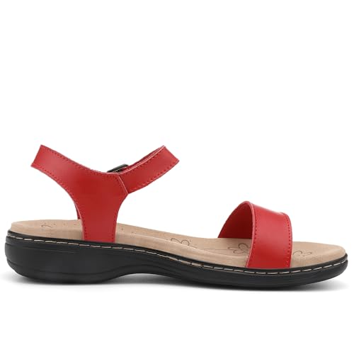 Image of Women's Classic Flat Sandals Leather Open Toes Memory Foam One Band Ankle Strap Adjustable Slip On Shoes