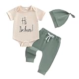 JENJON Completo Estivo per Neonato Maschio con Stampa I’m New Here Maglietta a Maniche Corte+Pantaloni e Cappellino 3Pcs Abbigliamento Estivo 3Pcs albicocca Hi iam here 3-6 Mesi