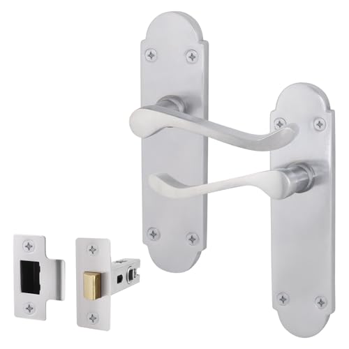 EAI Satin Door Handle Latch Set - Victorian Scroll Shaped | 1 Pair of Internal Satin Chrome Lever Handles on Backplate & Latch (64mm)