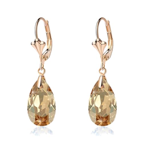 Austrian Crystal Teardrop Leverback Dangle Earrings for Women Fashion 14K Gold Plated Hypoallergenic Jewelry (Topaz)