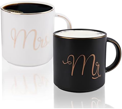 Yesland 360ml Mr and Mrs Mug, Ceramic Coffee Mug for the Couple, Ideal for Engagement, Anniversary, His and Hers, Bride and Groom, Valentines and Christmas Gifts - Set of 2 (Black & White)