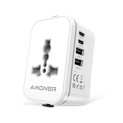 Amoner Adaptateur Prise Universelle Voyage International - 5 in1 Travel Adapter Internationale avec 2 USB 2 Type C et 1 AC Universel France vers UK Allemagne Italie Japon USA Australie Thailande