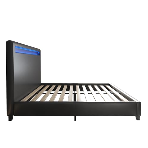 GOWE Estrutura de cama de plataforma estofada de couro sintético Queen Size com iluminação LED, supo