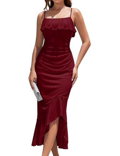 Dressystar Womens Fall Spaghetti Strap Backless Bodycon Cocktail Party Dress Mesh Ruched Ruffle Formal Wedding Maxi Dresses