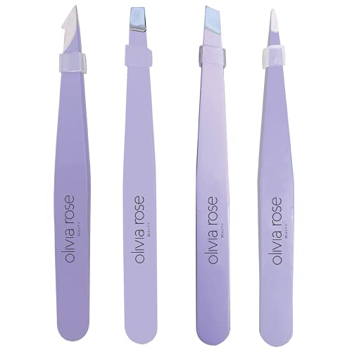 Olivia Rose Tweezer Set 4-Piece Professional Tweezers for Women/Men, Great Precision Hair Tweezers for Eyebrows/Facial Hair Removal/Ingrown Hairs/Splinter/Tick Remover Lavender