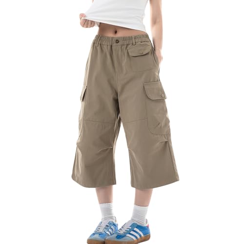 Baggy Cargo Pants for Women Casual Summer High Waisted Wide Leg Cropped Pants Capri Shorts with Pockets