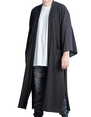 Men\'s Long Ribbed Kimono Cardigan Oversized Noragi Jacket Man Haori Sweater Yukata Knitted Robe (Black)
