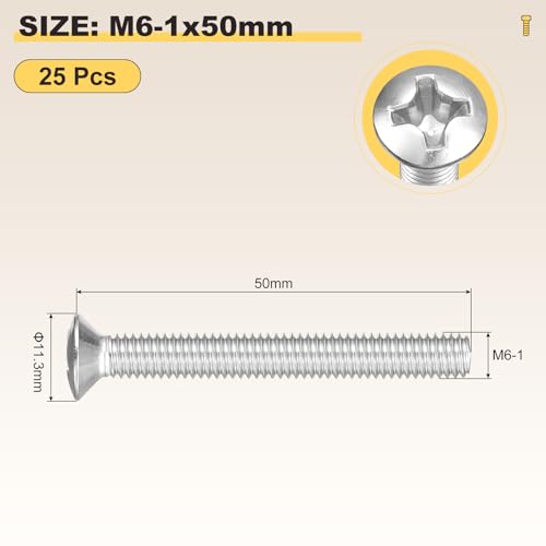 Image of METALLIXITY Semi-Countersunk Oval Head Machine Screws (M6-1x50) 25Pcs, 304 Stainless Steel Phillips Cross Recessed Machine Screw Bolts - for Furniture Assembly DIY Projects, Silver