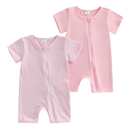 Image of XIXIMAON Baby Romper 2 Piece Set Stripe Short Sleeve Jumpsuit Zipper Bodysuit Unisex Newborn Summer Clothes Toddler Boy Rompers Girl One Piece Outfit (Pink, 0-3 Months)