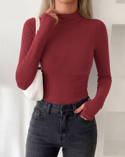 BTFBM Turtleneck Tops for Women Thumbhole Long Sleeve Shirts Red — view 3