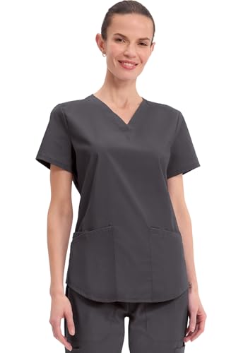 Cherokee Scrubs for Women V-Neck Top, 3 Pockets, Fade Resistant, Soft Stretch Fabric with Shirttail Hem & Side Vents - WW665, L, Pewter
