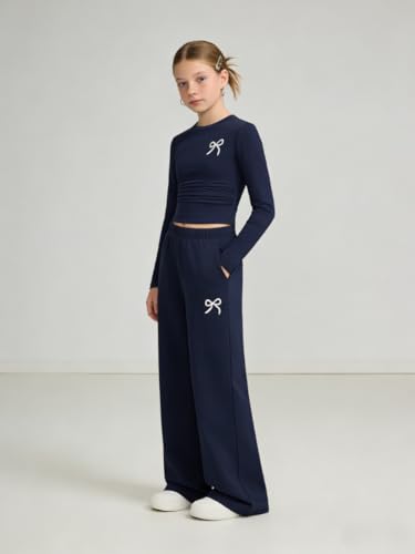 Image of Tween Girls Clothes Long Sleeve Bow Knot Print Top + Wide Leg Pants 2 Piece Outfit Set, Size 7-16 Years
